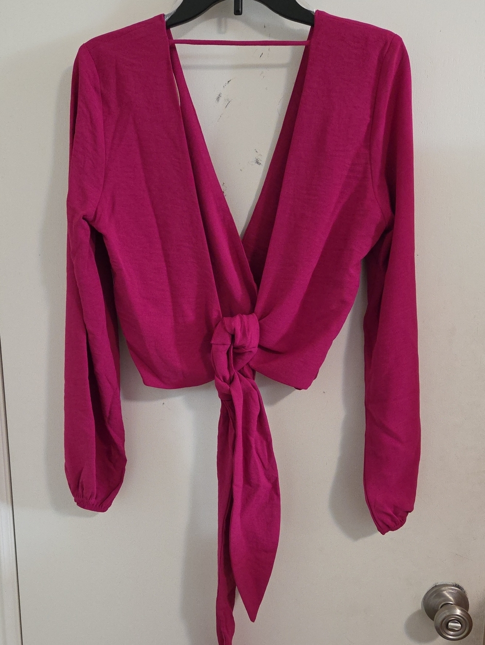 Fuchsia Tie-Front Long Sleeve Crop Top
